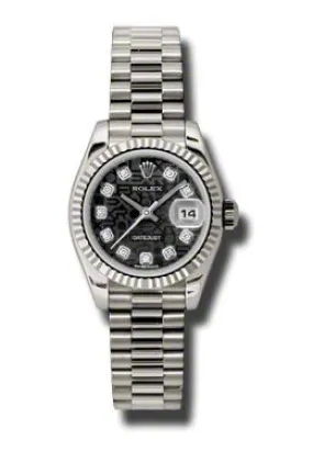 Rolex Lady-Datejust 26 Black Dial 18K White Gold President Automatic Ladies Watch 179179BKJDP
