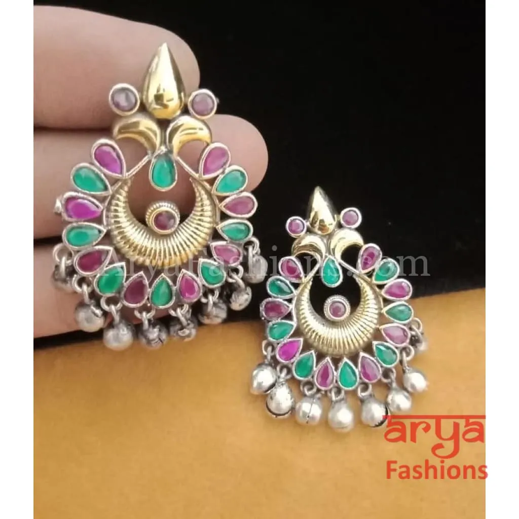 Silver Oxidized Tribal Earrings with Colorful Cultured Stones Dual Tone Chandbali