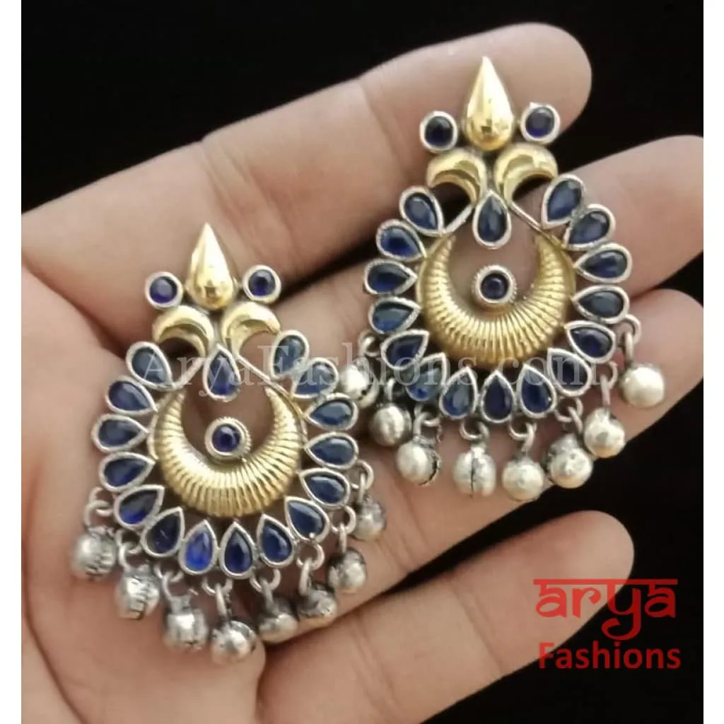 Silver Oxidized Tribal Earrings with Colorful Cultured Stones Dual Tone Chandbali