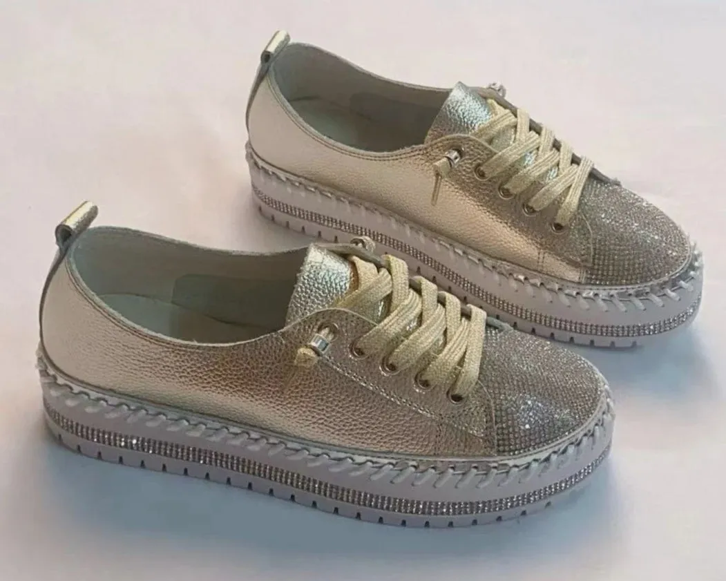 Sky Leather Crystal Sneakers Gold