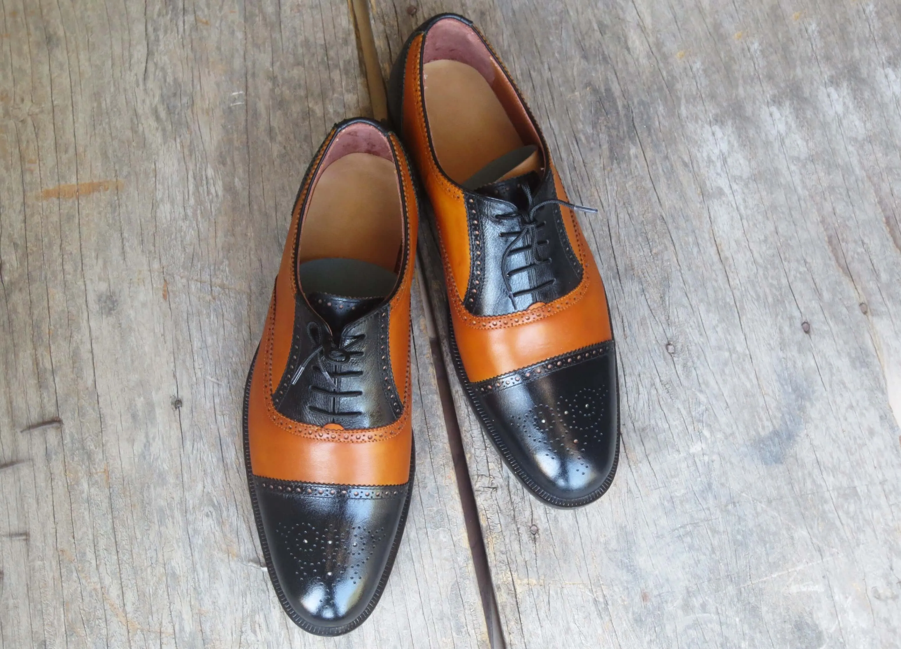 Stylish Handmade Men's Tan & Black Leather Cap Toe Brogue Lace Up Dress Shoes