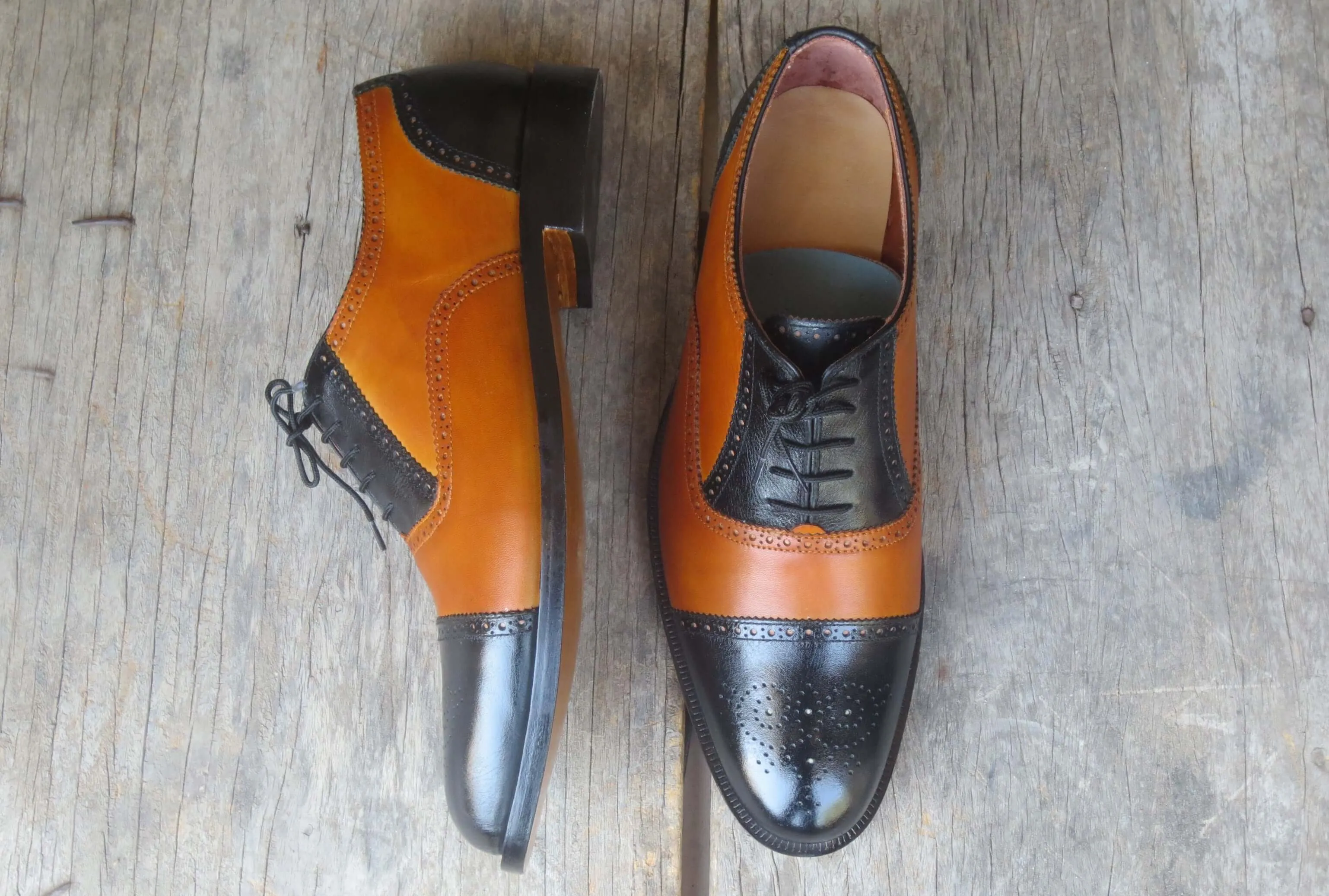 Stylish Handmade Men's Tan & Black Leather Cap Toe Brogue Lace Up Dress Shoes