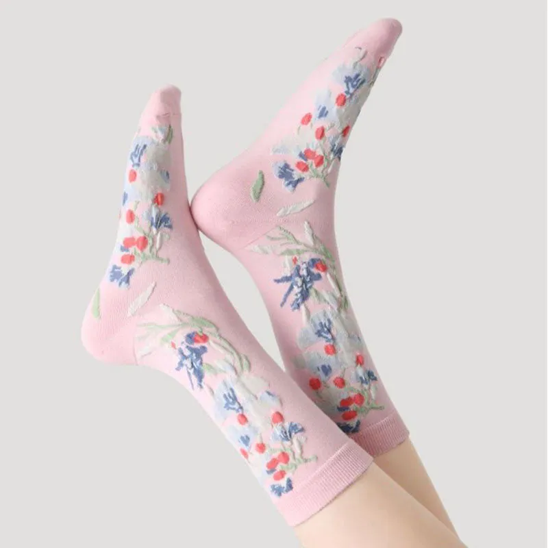 Sweetnana 5-Pack "Literary Flowers" Series Colorful Seamless Crew Socks for Women Cozy Cute and Fun Cotton Socks Perfect for All-Day Comfort