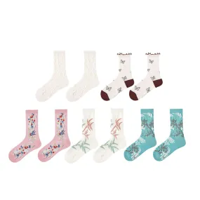 Sweetnana 5-Pack "Literary Flowers" Series Colorful Seamless Crew Socks for Women Cozy Cute and Fun Cotton Socks Perfect for All-Day Comfort