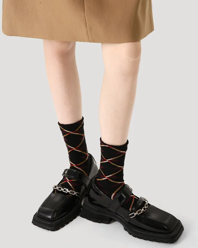 Sweetnana Autumn/Winter Women's Cotton Socks Argyle Fashion Crew socks, Warm Cozy Socks, Autumn Aesthetic Patterned Checkered Socks.