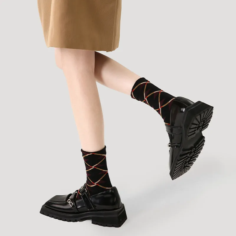 Sweetnana Autumn/Winter Women's Cotton Socks Argyle Fashion Crew socks, Warm Cozy Socks, Autumn Aesthetic Patterned Checkered Socks.