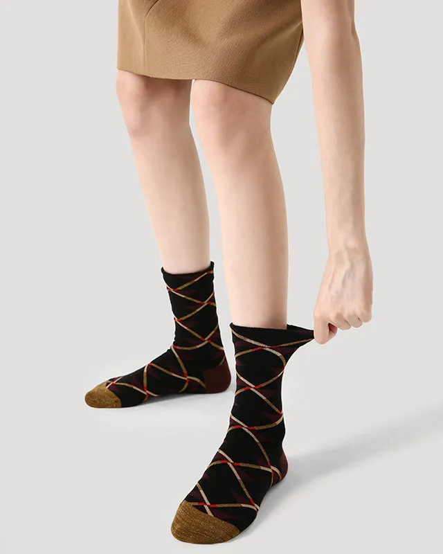 Sweetnana Autumn/Winter Women's Cotton Socks Argyle Fashion Crew socks, Warm Cozy Socks, Autumn Aesthetic Patterned Checkered Socks.