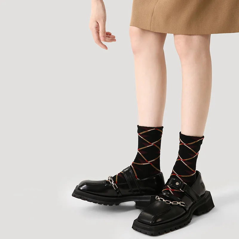 Sweetnana Autumn/Winter Women's Cotton Socks Argyle Fashion Crew socks, Warm Cozy Socks, Autumn Aesthetic Patterned Checkered Socks.