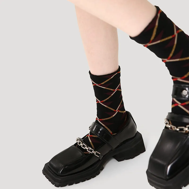 Sweetnana Autumn/Winter Women's Cotton Socks Argyle Fashion Crew socks, Warm Cozy Socks, Autumn Aesthetic Patterned Checkered Socks.
