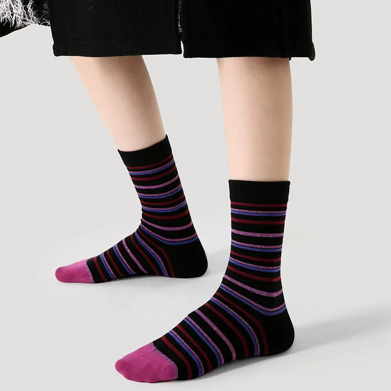 Sweetnana F/W Trendy Socks for Women, Horizontal Stripe Socks Crew Socks, Cozy Cotton Socks