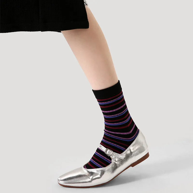 Sweetnana F/W Trendy Socks for Women, Horizontal Stripe Socks Crew Socks, Cozy Cotton Socks