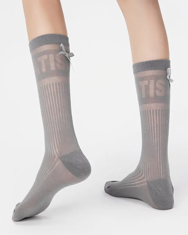 Sweetnana Spring/Summer 3-Pack Women's Antibacterial Cotton Mesh Seamless Crew Socks with Letter and Bowknot, Solid Color Thin Slouch Socks, Seamless Toe for Comfort.