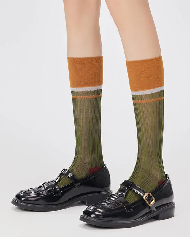 Sweetnana Spring/Summer Woman's Glass Stockings with stripe, Retro, Contrast Color Thin Slouch Socks, Breathable, Comfort, Mid-calf Seamless Socks.