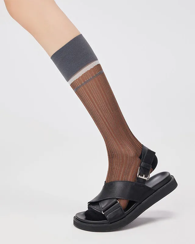 Sweetnana Spring/Summer Woman's Glass Stockings with stripe, Retro, Contrast Color Thin Slouch Socks, Breathable, Comfort, Mid-calf Seamless Socks.