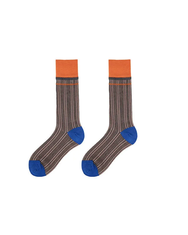 Sweetnana Spring/Summer Woman's Glass Stockings with stripe, Retro, Contrast Color Thin Slouch Socks, Breathable, Comfort, Mid-calf Seamless Socks.