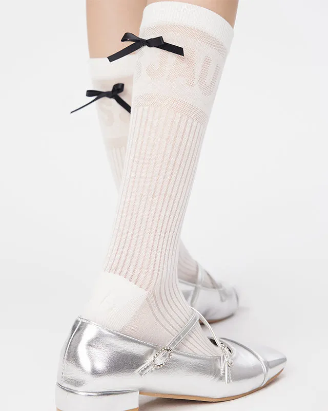 Sweetnana Women's Spring/Summer Antibacterial Cotton Mesh Crew Socks with Stylish Letter and Bowknot Design | Thin Solid Color Slouch Socks with Seamless Toe