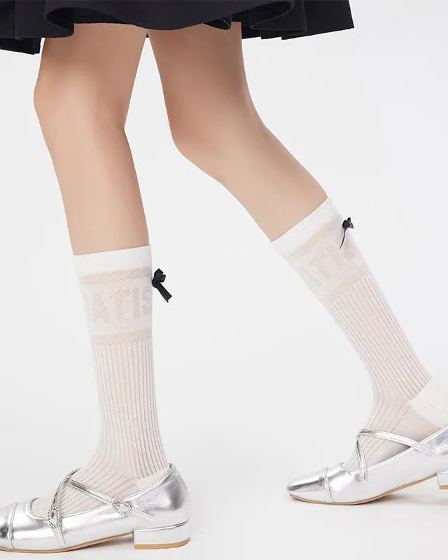 Sweetnana Women's Spring/Summer Antibacterial Cotton Mesh Crew Socks with Stylish Letter and Bowknot Design | Thin Solid Color Slouch Socks with Seamless Toe