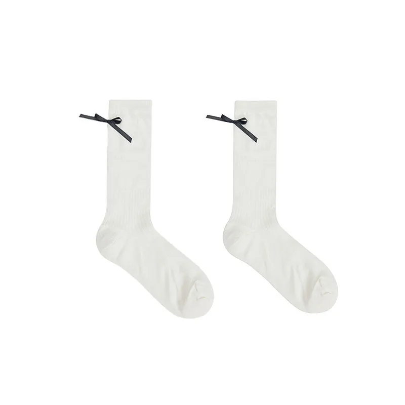 Sweetnana Women's Spring/Summer Antibacterial Cotton Mesh Crew Socks with Stylish Letter and Bowknot Design | Thin Solid Color Slouch Socks with Seamless Toe