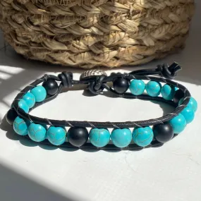 Turquoise and Onyx Beaded Black Leather Bracelet - Strength & Energy