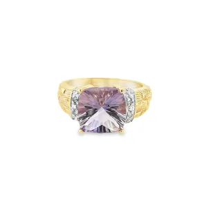 Two-Tone 14 Karat Textured/Polished Fantasy Cut Ring Estate Jewelry Size 6.75 one 9.96x9.96mm Fantasy Cut Amethyst
4=0.06tw Round Diamonds Gram Weight: 5.02