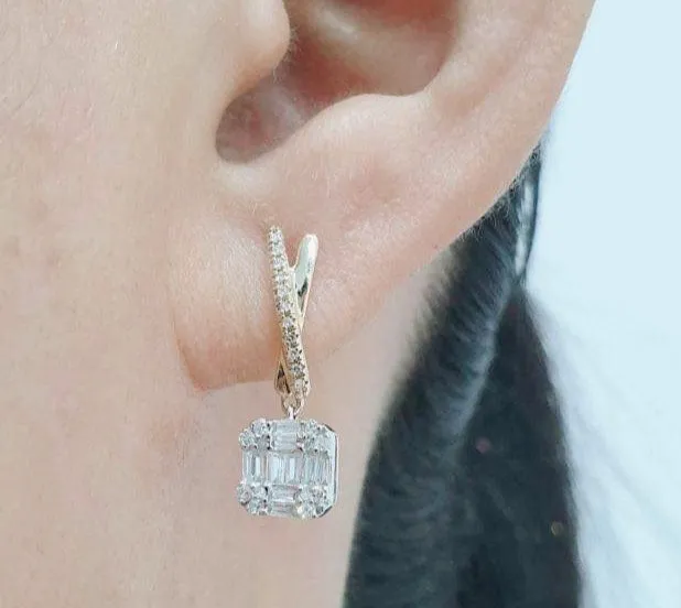 Two Tone Square Paved Diamond Dangling 14kt
