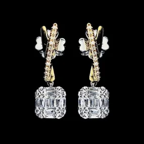 Two Tone Square Paved Diamond Dangling 14kt