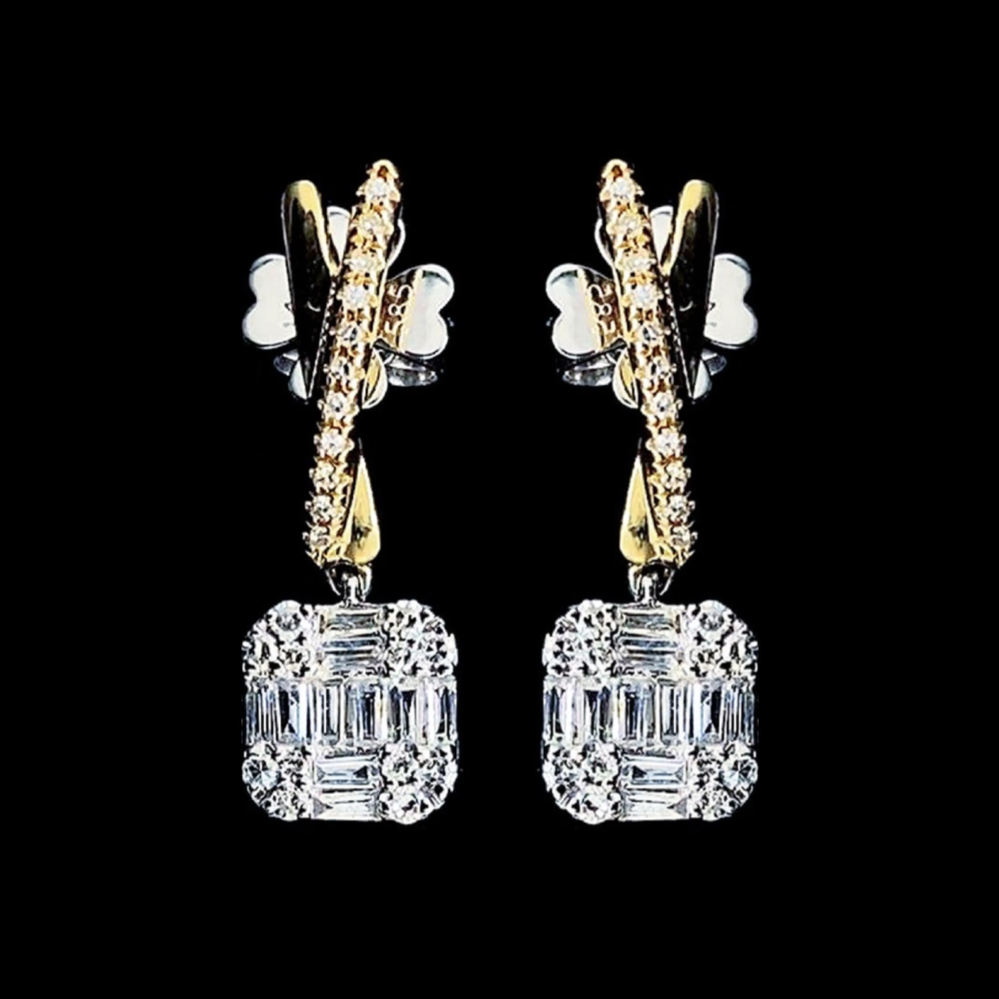 Two Tone Square Paved Diamond Dangling 14kt