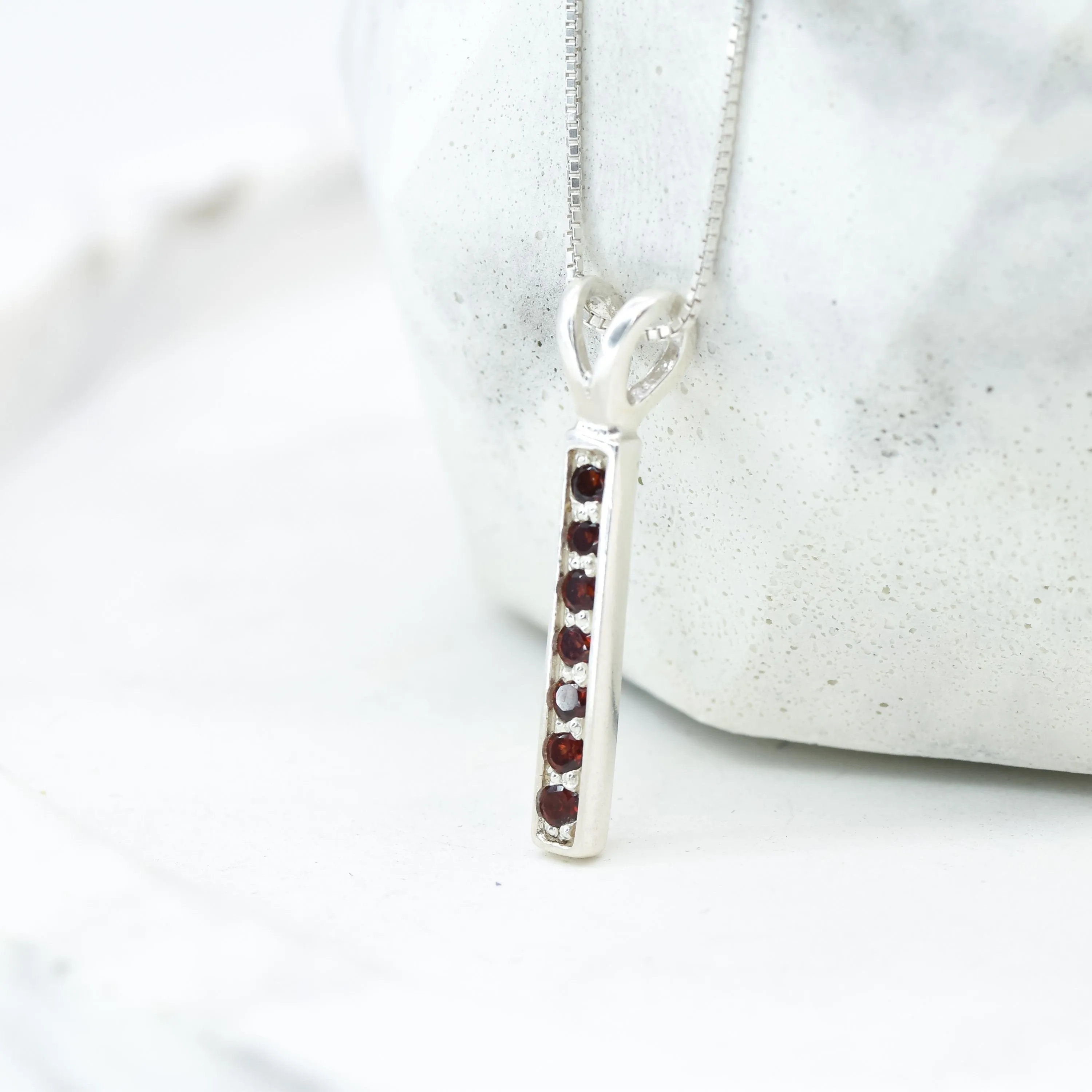 Vertical Garnet Pendant - Red Bar Necklace - January Birthstone Necklace