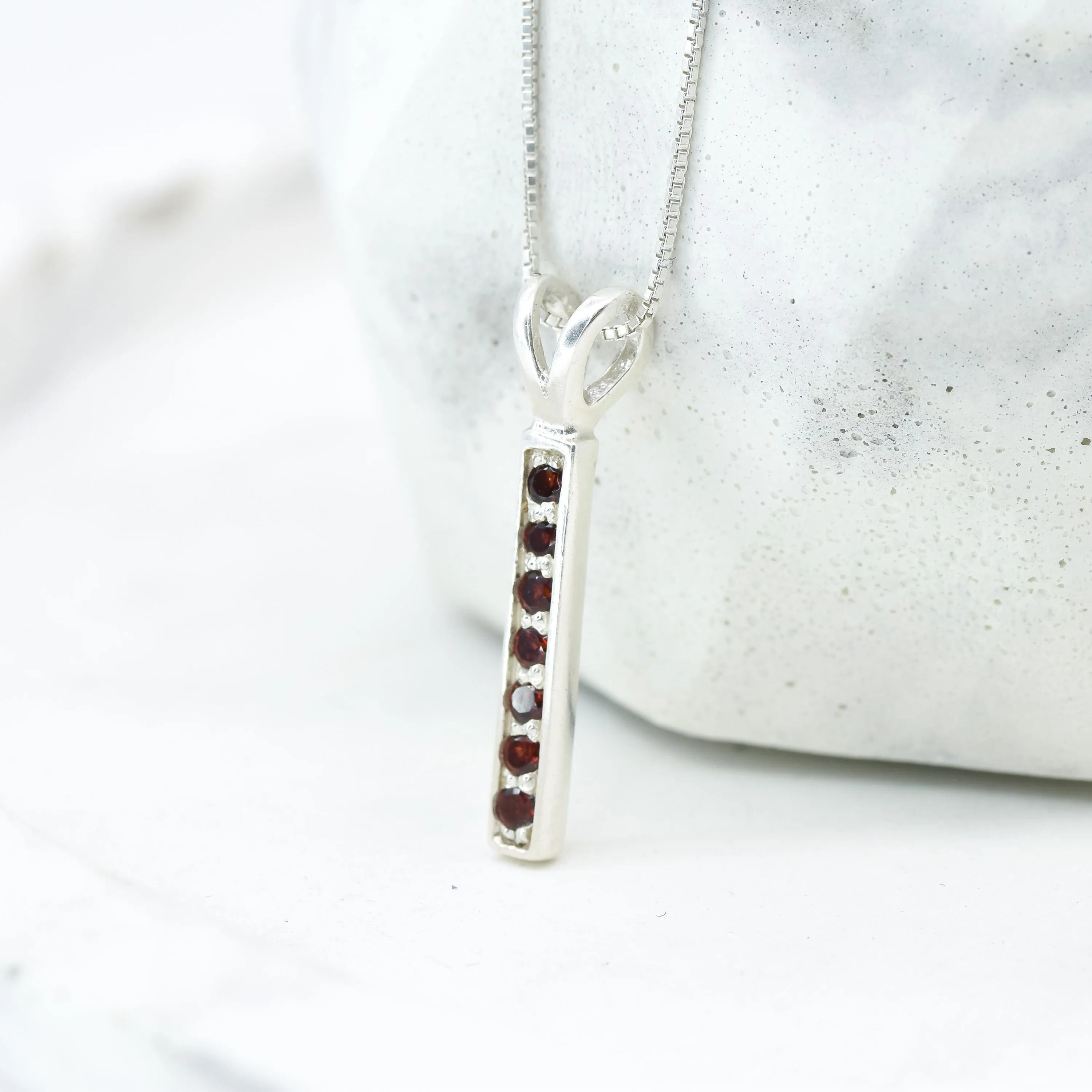 Vertical Garnet Pendant - Red Bar Necklace - January Birthstone Necklace