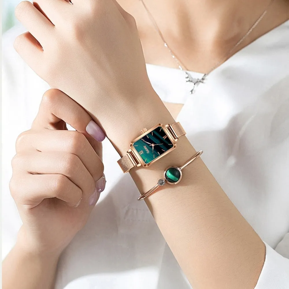 Women Watches Fashion Square Ladies Quartz Bracelet Set
