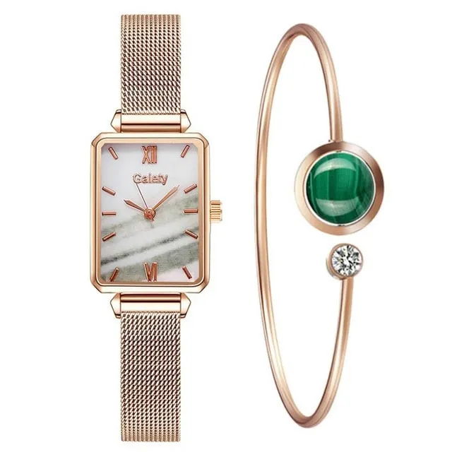 Women Watches Fashion Square Ladies Quartz Bracelet Set