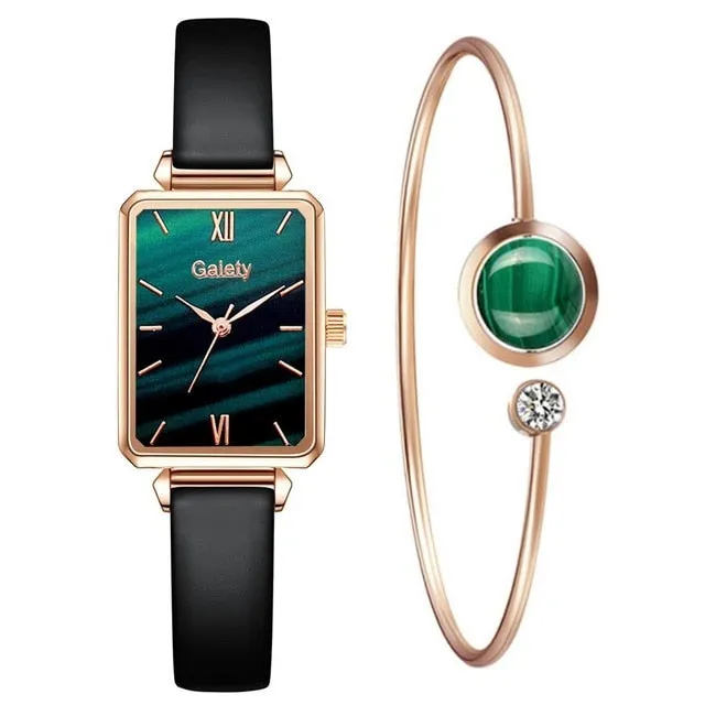 Women Watches Fashion Square Ladies Quartz Bracelet Set